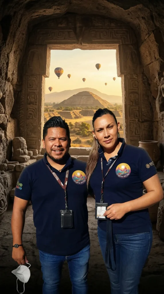 Política de Privacidad Retrato fotorrealista vertical de Martín Reyes y Elizabet Reyes, dueños de Viajeros del Sol, posando profesionalmente en una cueva auténtica de Teotihuacán.