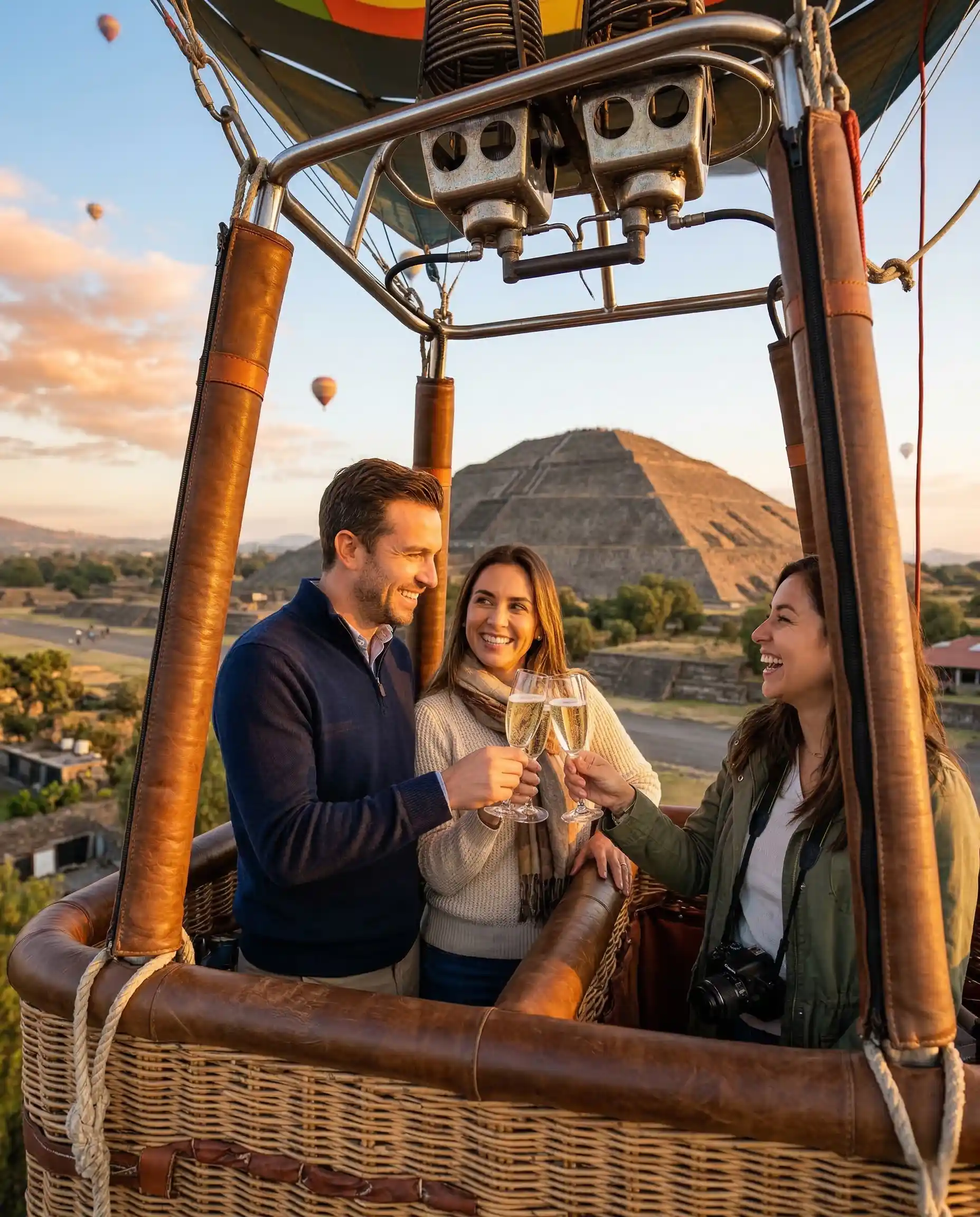 Turistas brindando en globo aerostático sobre Teotihuacán.