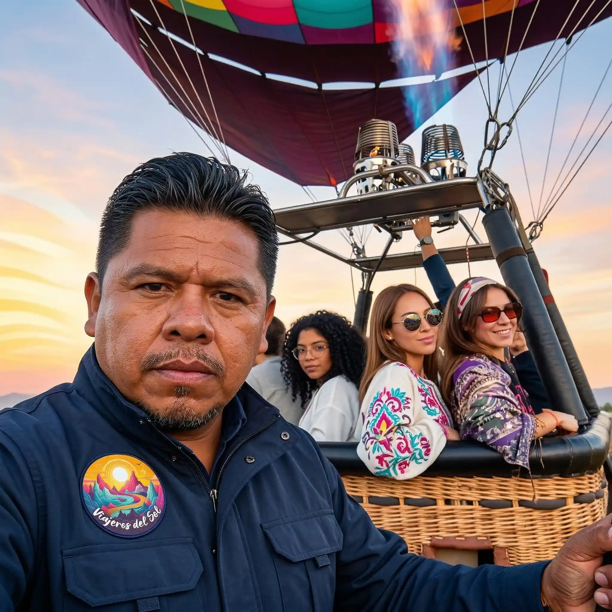 Retrato auténtico de Martín Reyes, dueño de Viajeros del Sol, sonriendo desde la canastilla de un globo aerostático sobre las pirámides de Teotihuacán