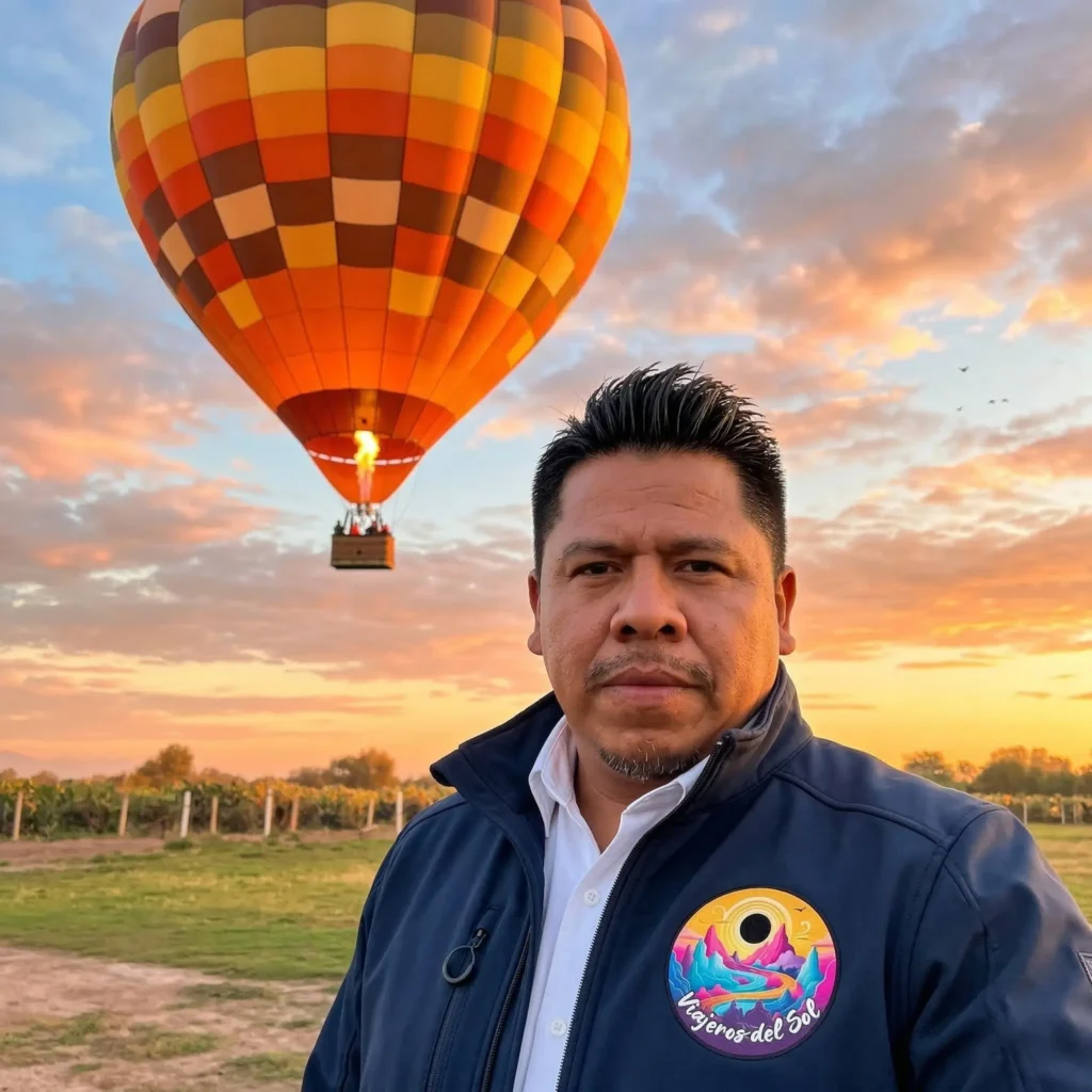 Retrato de Martín Reyes, dueño de Viajeros del Sol, sonriendo frente a las Pirámides de Teotihuacán y globos aerostáticos al amanecer