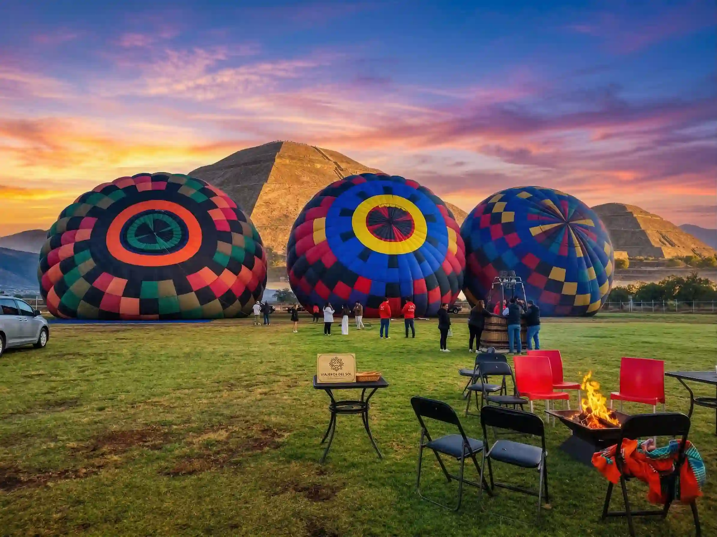 Tres globos aerostáticos de colores inflándose al amanecer en el campo de despegue de Viajeros del Sol con fogata en primer plano.