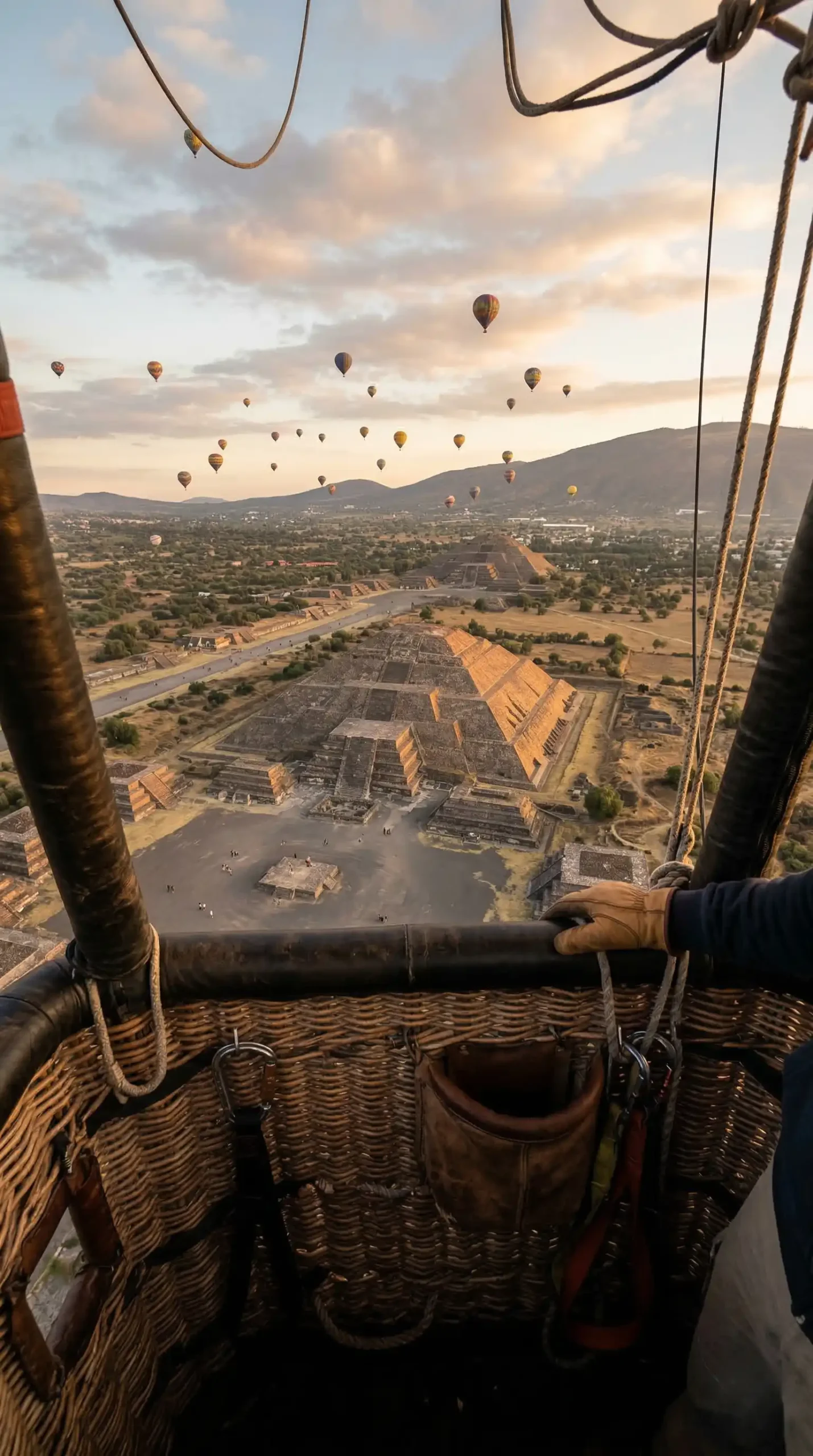 Experiencias Vista desde un globo aerostático volando sobre la Pirámide del Sol al amanecer en Teotihuacán